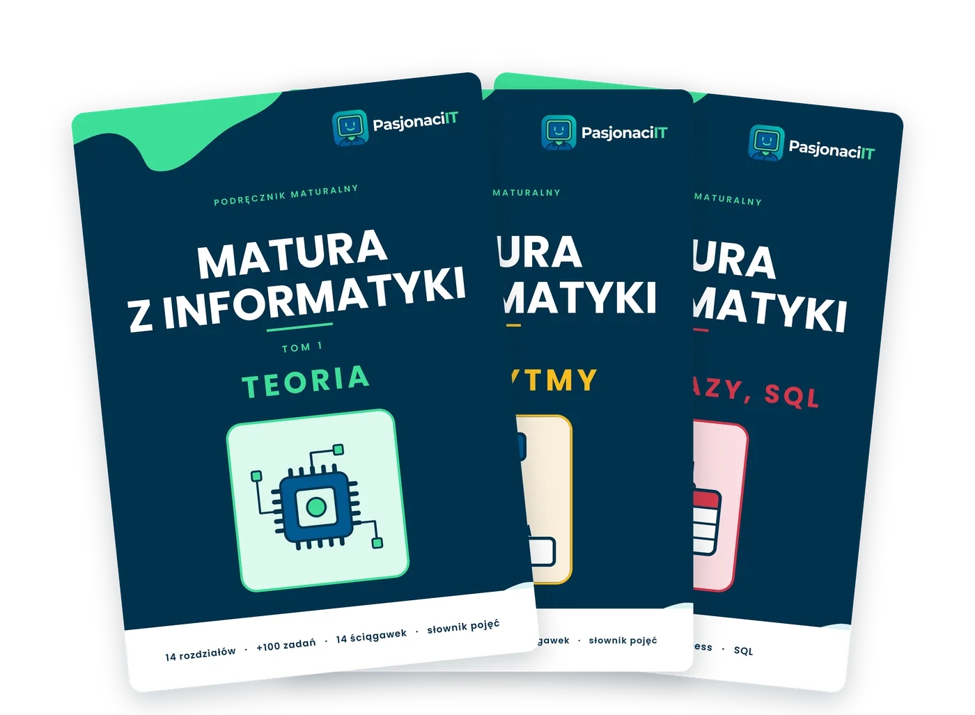 Trzy tomy podręcznika maturalnego z informatyki ułożone w wachlarz